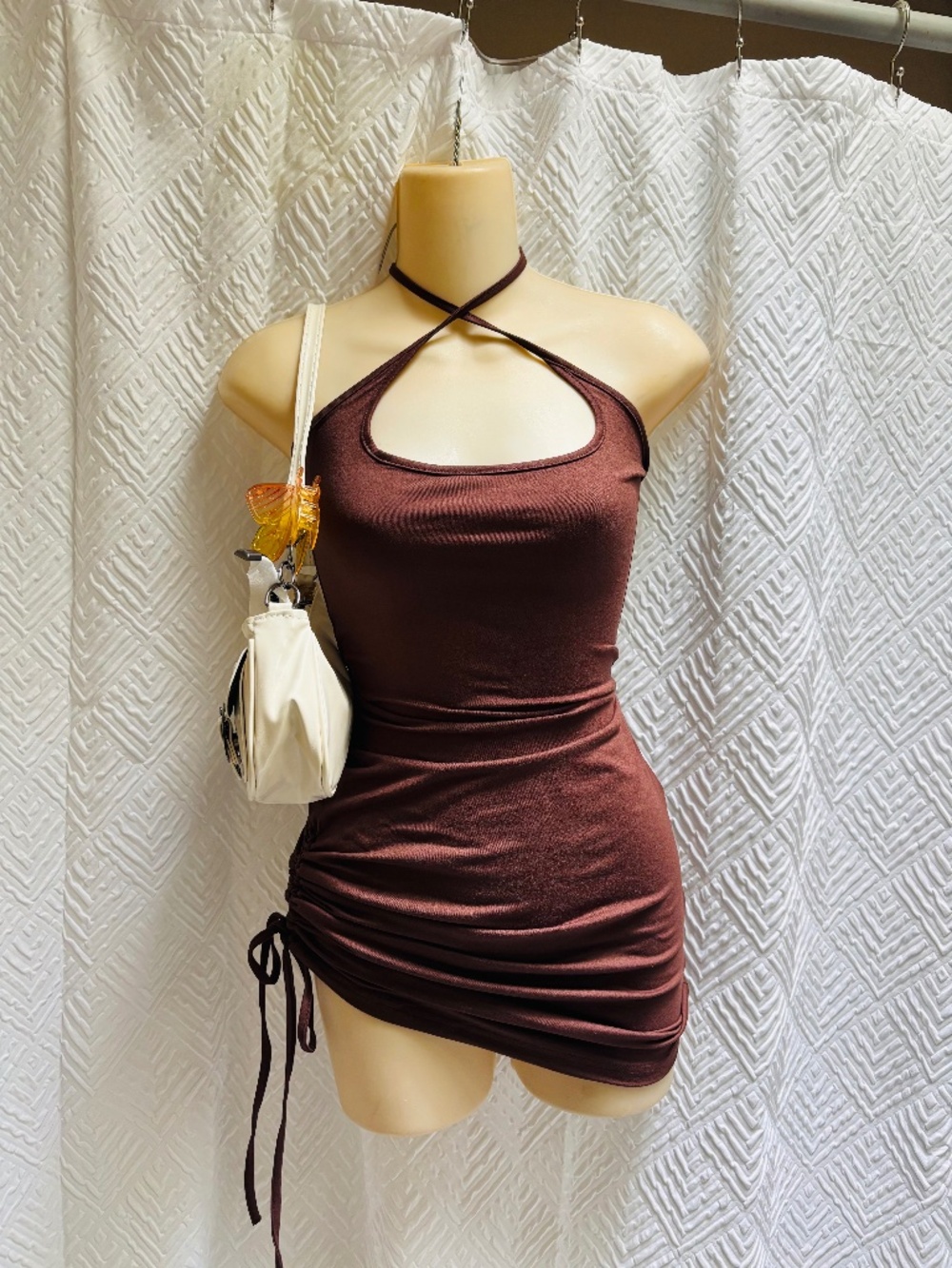 Scrunched mini bodycon dress chocolate brown asymmetrical
